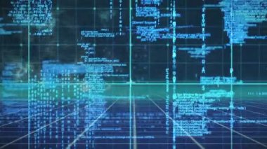 Animation of data processing over grid network against blue background. Computer interface and business technology concept