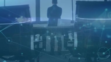 Animation of network of connections over 3d city model against rear view of businessman at office. Global networking and futuristic business technology concept