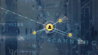 Animation of network of digital icons and cyber security data processing against server room. Cyber security and business data storage technology concept