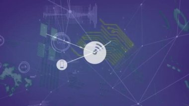 Animation of network of icons, microprocessor connections and data processing on blue background. Global networking and business technology concept