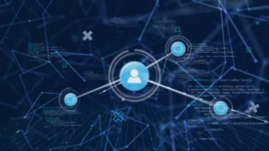 Animation of network of digital icons and data processing against blue background. Global networking and business technology concept