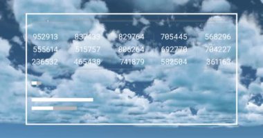 Animation of interface with data processing against clouds in the sky. Computer interface and cloud data storage technology concept