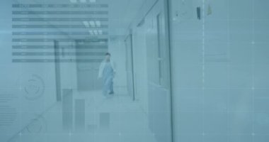 Animation of financial graphs and data over diverse female and male doctors running in hospital. Medicine, health care and finance concept digitally generated video.
