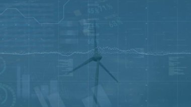 Animation of statistical data processing over spinning windmill against blue sky. Renewable energy and business data technology concept