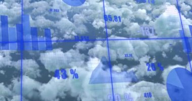 Mavi gökyüzündeki bulutlara karşı şebeke üzerinden istatistiksel veri işleme animasyonu. Bilgisayar arayüzü ve bulut veri depolama teknolojisi kavramı