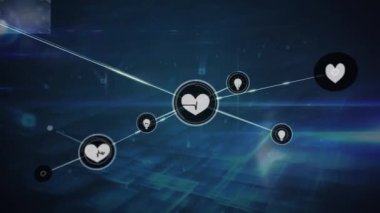 Animation of network of digital icons over glowing square shapes against blue background. Global networking and business technology concept