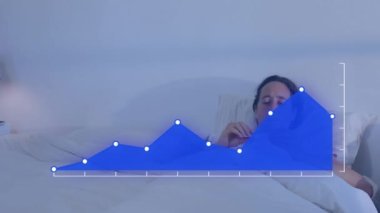 Animation of data processing against caucasian sick woman checking her temperature in bed at home. Covid-19 pandemic concept