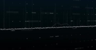 Animation of multiple changing numbers and data processing against black background. Business data technology concept