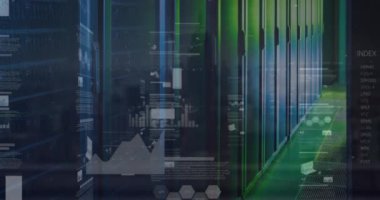 Animation of screens with statistical data processing against computer server room. Business data storage technology concept