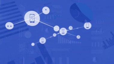 Animation of network of digital icons over statistical data processing against blue background. Global networking and business data technology concept