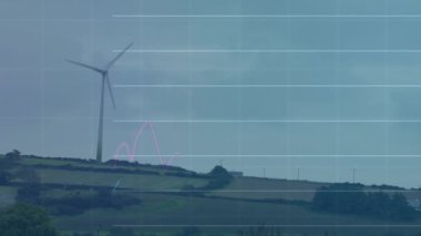 Rüzgar türbini üzerinde veri işleme animasyonu. küresel iş, ekoloji ve dijital arayüz kavramı dijital olarak oluşturulmuş video.