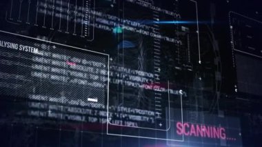 Animation of security system over data processing on dark background. Global business finances data processing and digital interface concept digitally generated video.