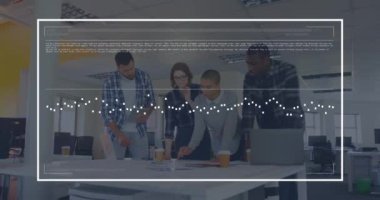 Animation of graphs, data and loading bar in rectangle over diverse coworkers examining reports. Digital composite, multiple exposure, business, progress, office, teamwork, technology concept.