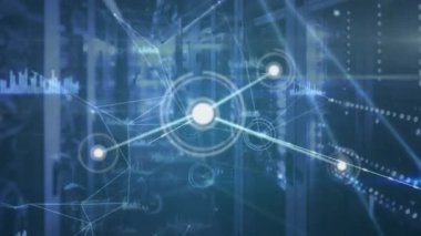 Animation of network of connections and data processing spinning against computer server room. Global networking and business data storage technology concept