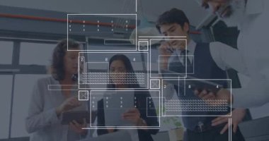 Animation of rectangles with numbers, loading bars, data, graphs, diverse coworkers analyzing report. Digital composite, multiple exposure, business, teamwork, communication, office, technology.
