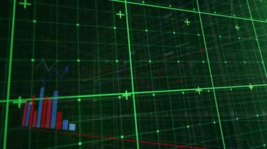 Animation of statistical data processing over grid network against green background. Computer interface and business technology concept