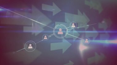 Animation of network of profile and arrow icons against blue light trails on grey background. Global networking and business technology concept