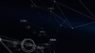 Animation of network of connections and data processing spinning against black background. Global networking and business technology concept