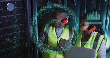 Animation of data processing and scope scanning over african american workers in server room. Global business, security and digital interface concept digitally generated video.