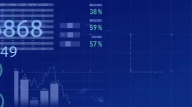 Animation of multiple changing numbers over statistical data processing against blue background. Business data technology concept