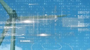 Animation of multiple texts, graphs moving lines and binary codes over low angle view of windmill. Digital composite, multiple exposure, report, business, coding, machine learning, renewable energy.