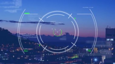 Animation of data processing and scope scanning over aerial view of cityscape at night. Computer interface and business technology concept