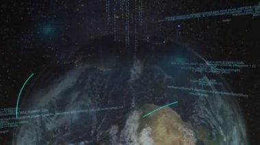 Animation of data processing over globe spinning and space. Global business, technology and digital interface concept digitally generated video.