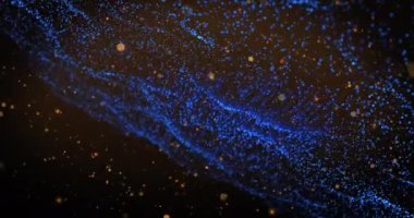 Animation of yellow spots floating over blue glowing digital wave against black background. Technology background concept