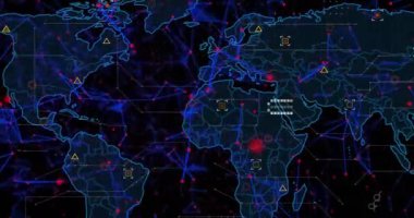 Animation of plexus networks and data processing over world map against black background. Global networking and business technology concept