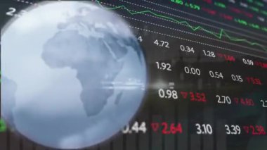 Animation of statistical and stock market data processing over spinning globe against network towers. Global economy and business networking technology concept