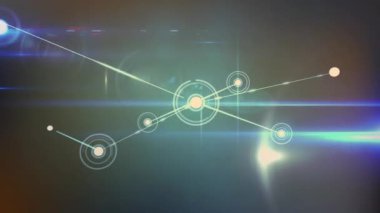 Animation of network of connections over blue light trails against grey background. Global networking and business technology concept