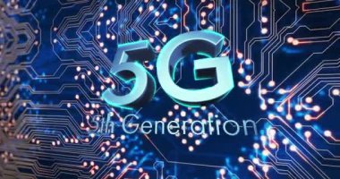 Animation of 5g text against microprocessor connections in seamless pattern on blue background. Global networking and business technology concept