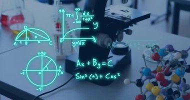 Animation of scientific data processing over beakers and test tubes in laboratory. Global science, computing and data processing concept digitally generated video.