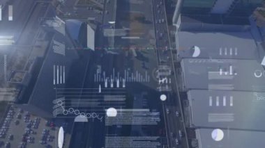 Animation of screens with data processing against aerial view of city traffic. Computer interface and business technology concept