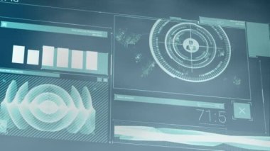 Animation of interface with data processing against blue blurred background. Computer interface and business technology concept
