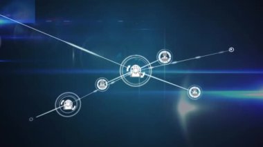 Animation of network of connections with icons over gloving lights on dark background. Global connections networks and digital interface concept digitally generated video.