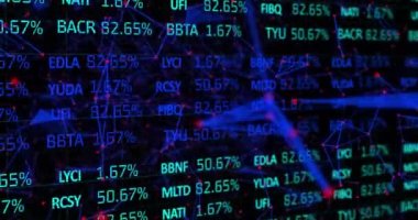 Animation of stock market data processing over plexus networks against black background. Global economy and business networking technology concept