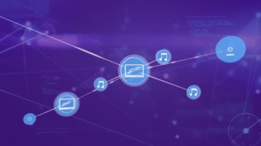 Animation of network of digital icons and data processing against purple background. Global networking and business technology concept