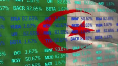 Animation of stock market data processing against waving algeria flag. Global economy and business technology concept