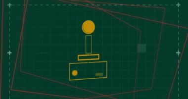 Animation of game controller over falling squares on grid pattern against green background. Digitally generated, hologram, shape, video game, illustration, abstract and technology concept.