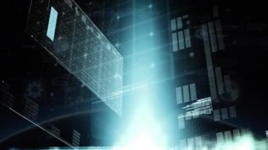 Animation of data processing, digital screens and padlock in dark digital space. Data processing, digital safety and technology concept digitally generated video.