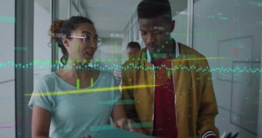 Animation of graphs with numbers over diverse coworkers sharing ideas while walking in corridor. Digital composite, multiple exposure, report, business, discussion and technology concept.