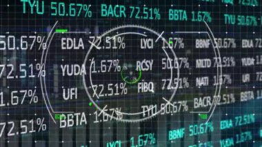 Animation of circles over trading board and multiple graphs against black background. Digitally generated, hologram, report, business, stock market, illustration and technology concept.