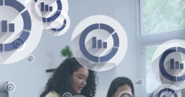 Animation of icons and data processing over diverse business people. Global business, finances, computing and data processing concept digitally generated video.
