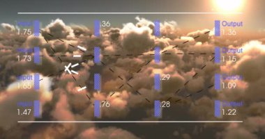 Animation of interface with data processing against clouds and shining sun in the sky. Computer interface and cloud data storage technology concept