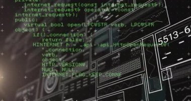 Animation of interface with data processing against black background. Computer interface and business technology concept