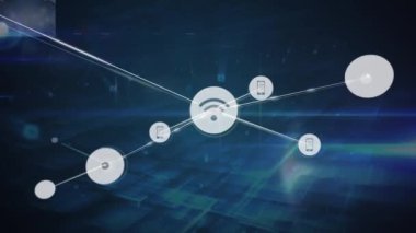 Animation of network of digital icons over glowing square shapes against blue background. Global networking and business technology concept