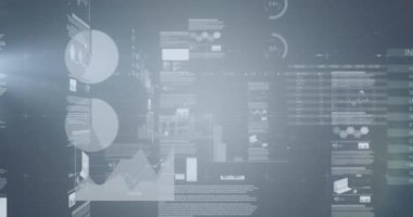 Animation of screens with statistical data processing against grey background. Computer interface and business technology concept