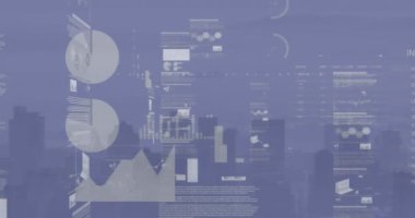 Animation of screens with statistical data processing against aerial view of cityscape. Computer interface and business technology concept