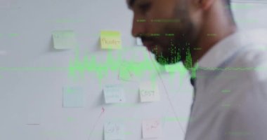 Animation of financial data over diverse businesspeople in office. Global finance, business and cooperation concept digitally generated video.